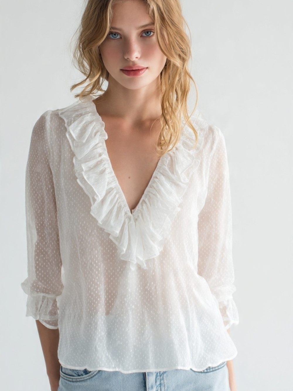 Forever 21 White Ruffled V-Neck Sheer Dot Blouse